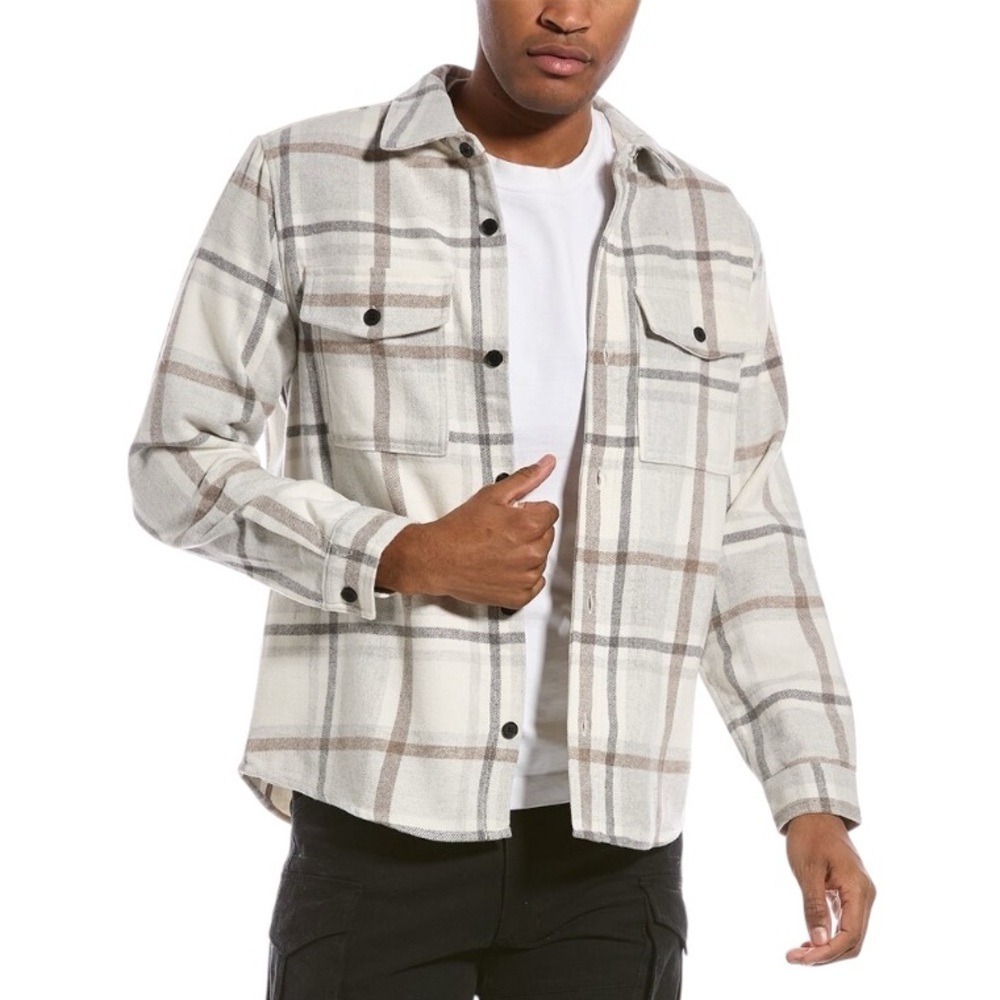 MAGASCHONI Men’s Plaid Long Sleeve Button Up Flannel Shacket In White Size S